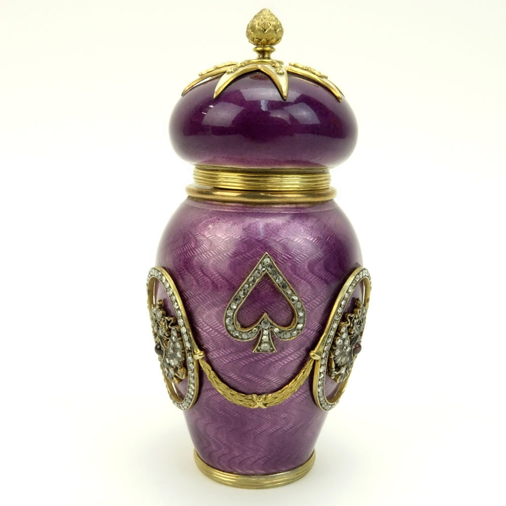 20th Century Russian 88 Gilt Silver and Enamel Covered Vase set throughout with 285 Rose Cut Diamonds and Cabochon Garnets.