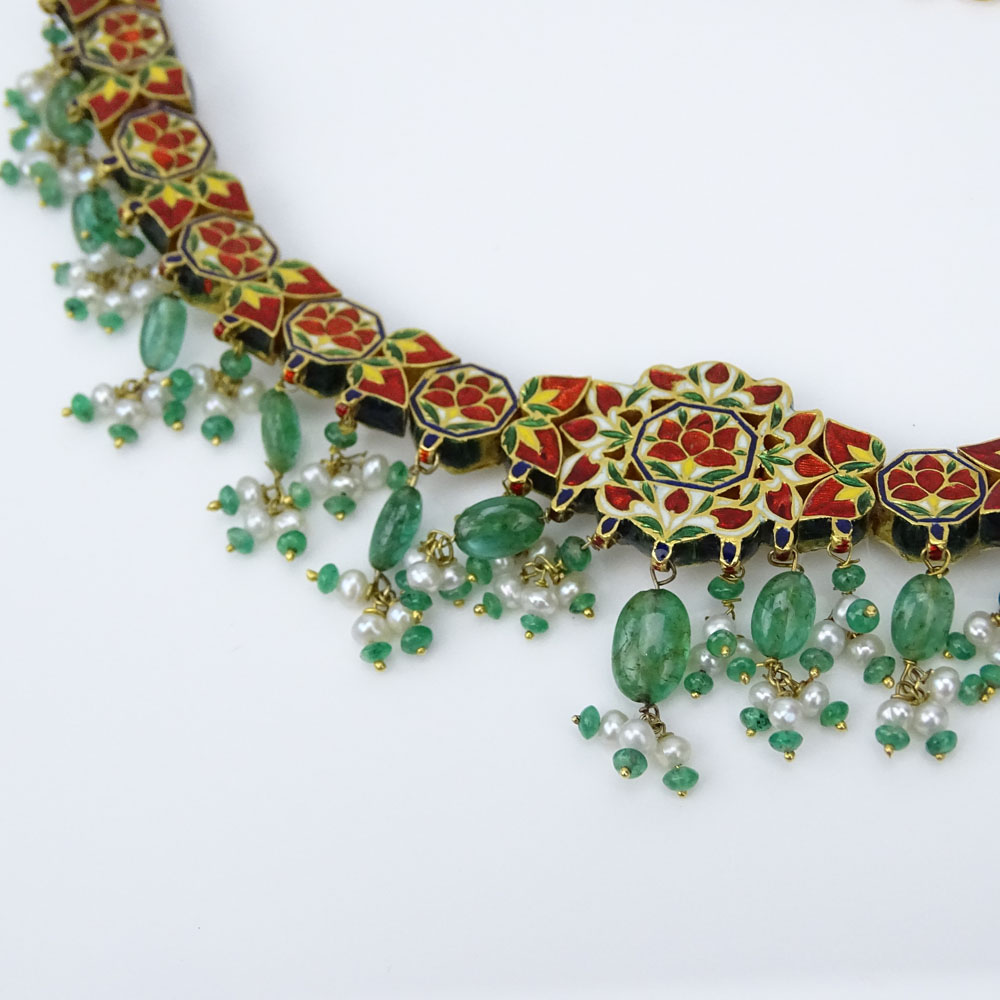 Mughal style Approx. 10.0 Carat Rose Cut Diamond, Emerald Bead, Seed Pearl and 22 Karat Yellow Gold Necklace with Enameled Back. 