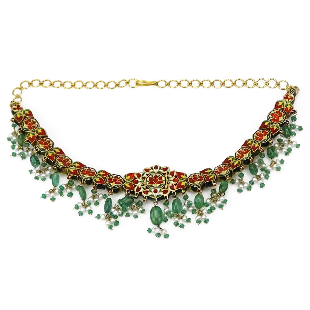 Mughal style Approx. 10.0 Carat Rose Cut Diamond, Emerald Bead, Seed Pearl and 22 Karat Yellow Gold Necklace with Enameled Back. 