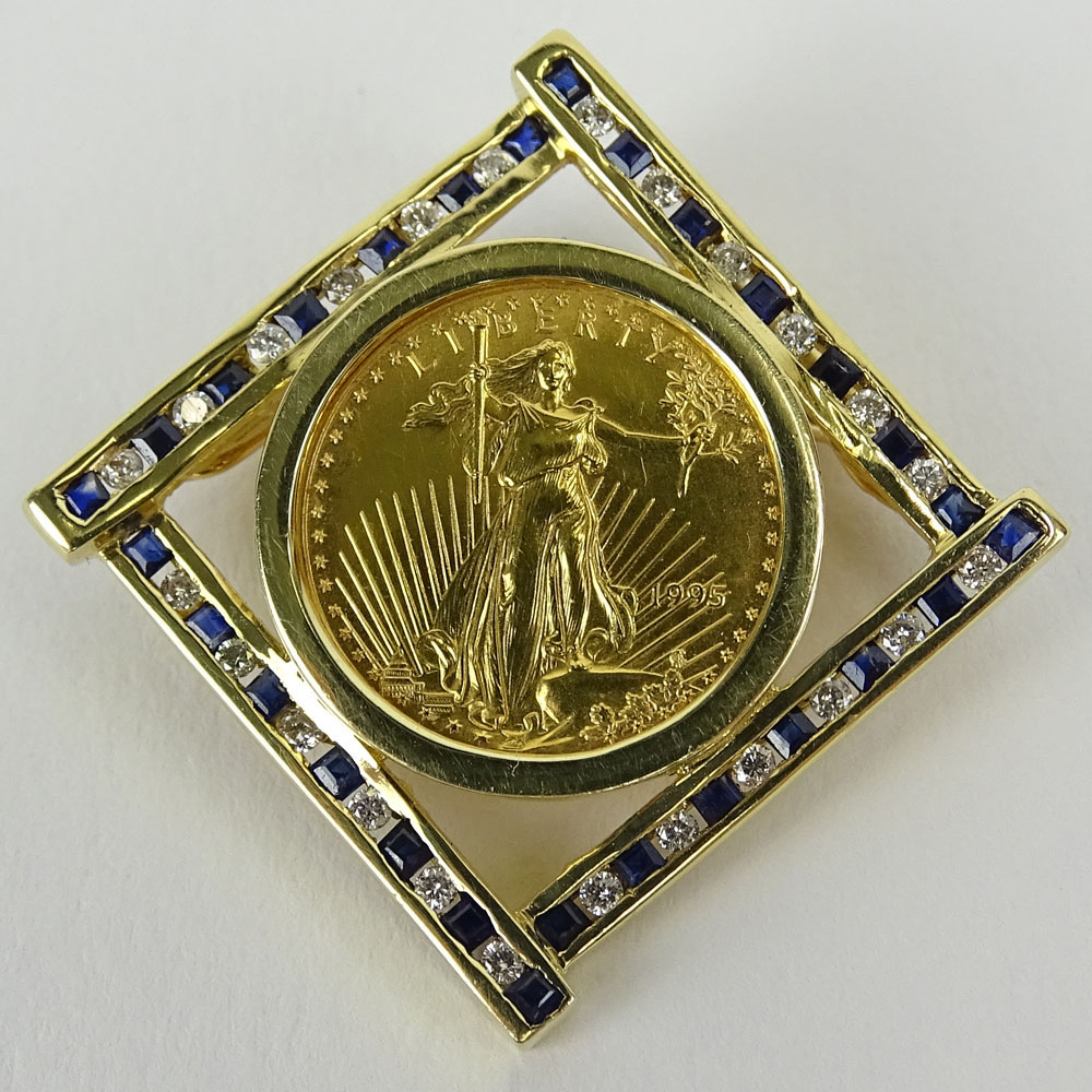 1995 Liberty 1/10 Ounce Five (5) Dollar Fine Gold Coin Pendant with 14 Karat Yellow Gold, Sapphire and Diamond Bezel. 