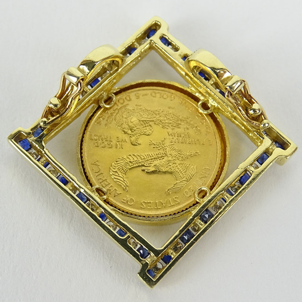 1995 Liberty 1/10 Ounce Five (5) Dollar Fine Gold Coin Pendant with 14 Karat Yellow Gold, Sapphire and Diamond Bezel. 