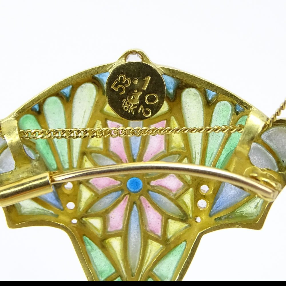 Art Nouveau style 18 Karat Yellow Gold, Plique a Jour and Pear Shape Amethyst Pendant Brooch with Small Diamond Accents and with 14 Karat Yellow Gold Chain