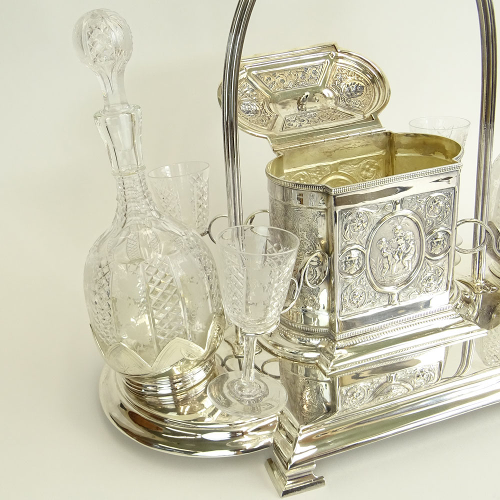 Fine Antique English Silverplate and Crystal Seven (7) Piece Decanter Set with Biscuit Box