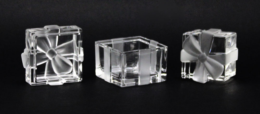 Grouping of Three (2) Tiffany and Co Crystal Tabletop  Covered Trinket box and paperweight
