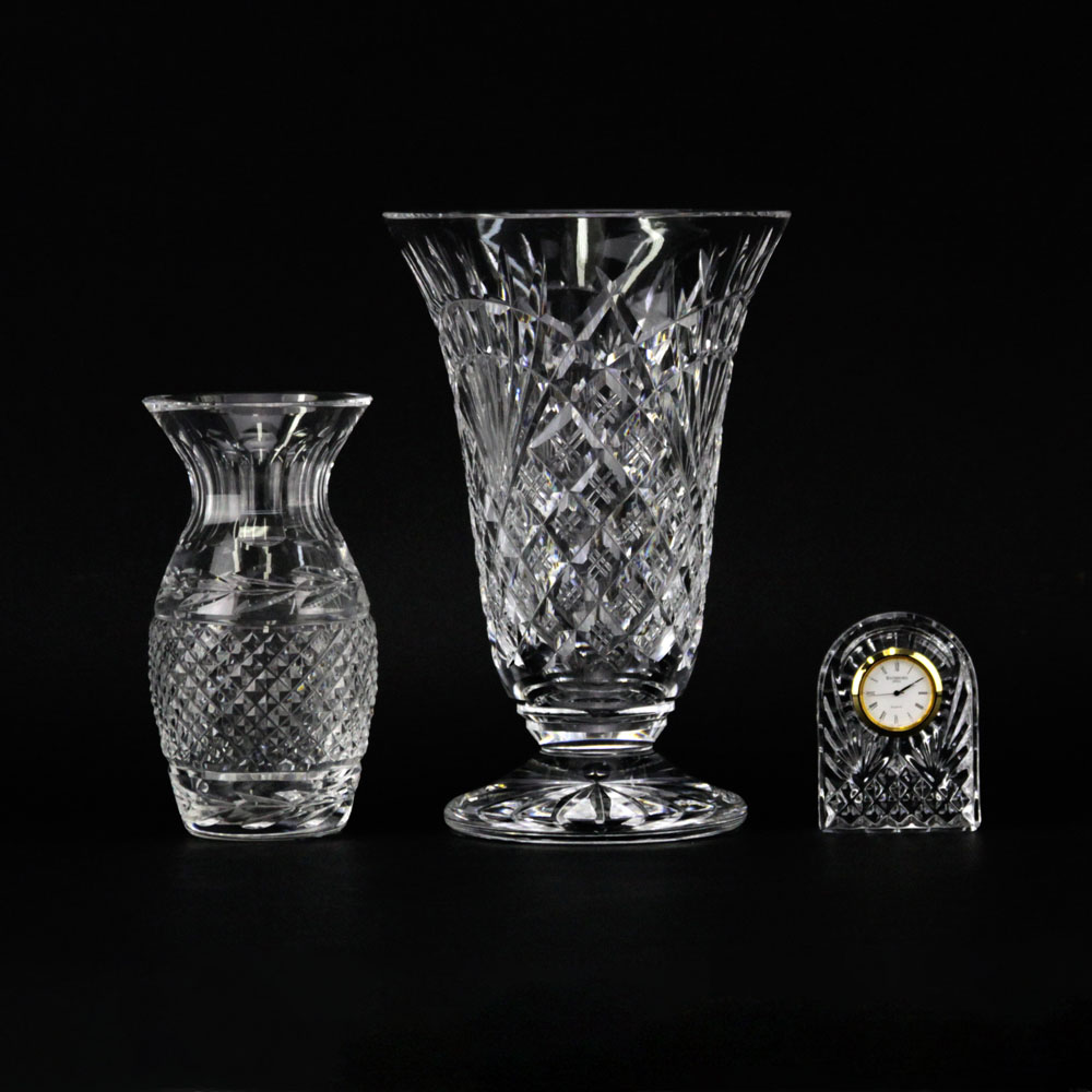 Lot of Three (3) Waterford Crystal Vases and Clock.