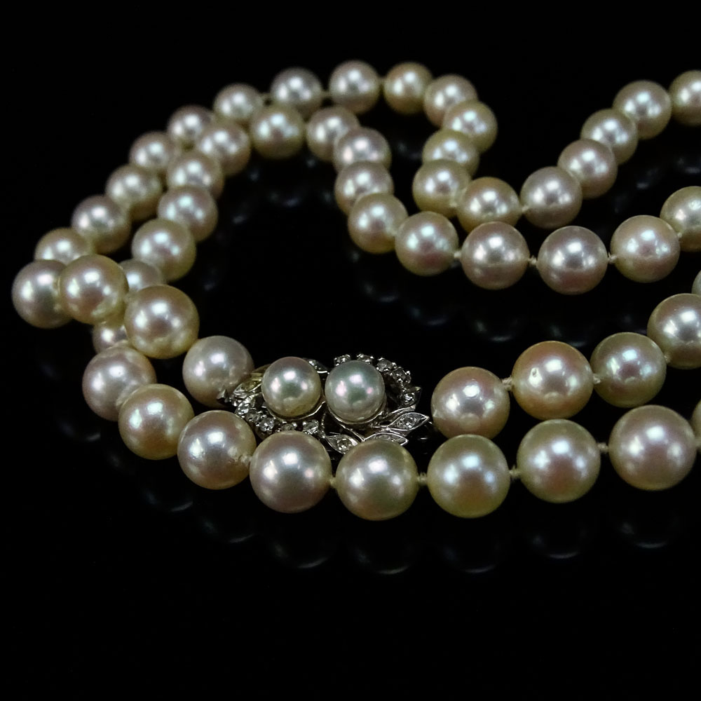 32" Single Strand White Pearl Necklace with 14 Karat White Gold, Diamond and Pearl Clasp