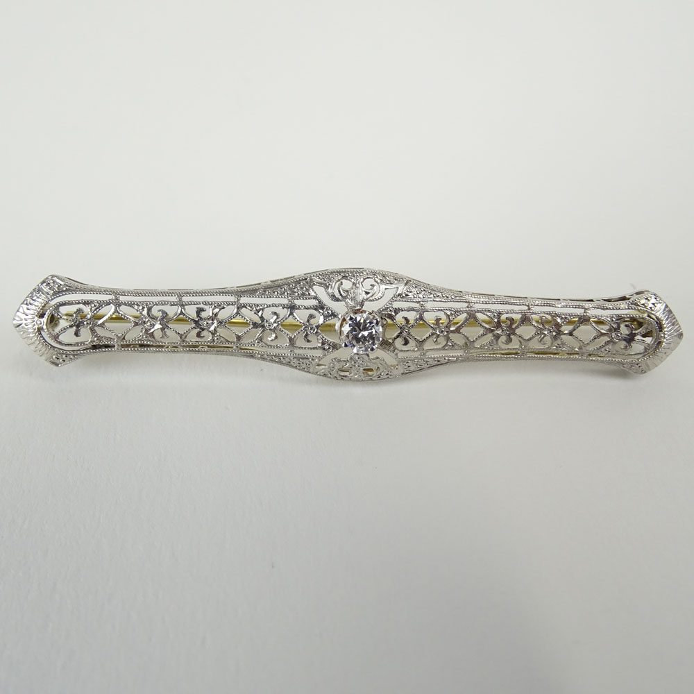 Edwardian 18 White Gold Diamond Mounted Bar Pin with Filigree.