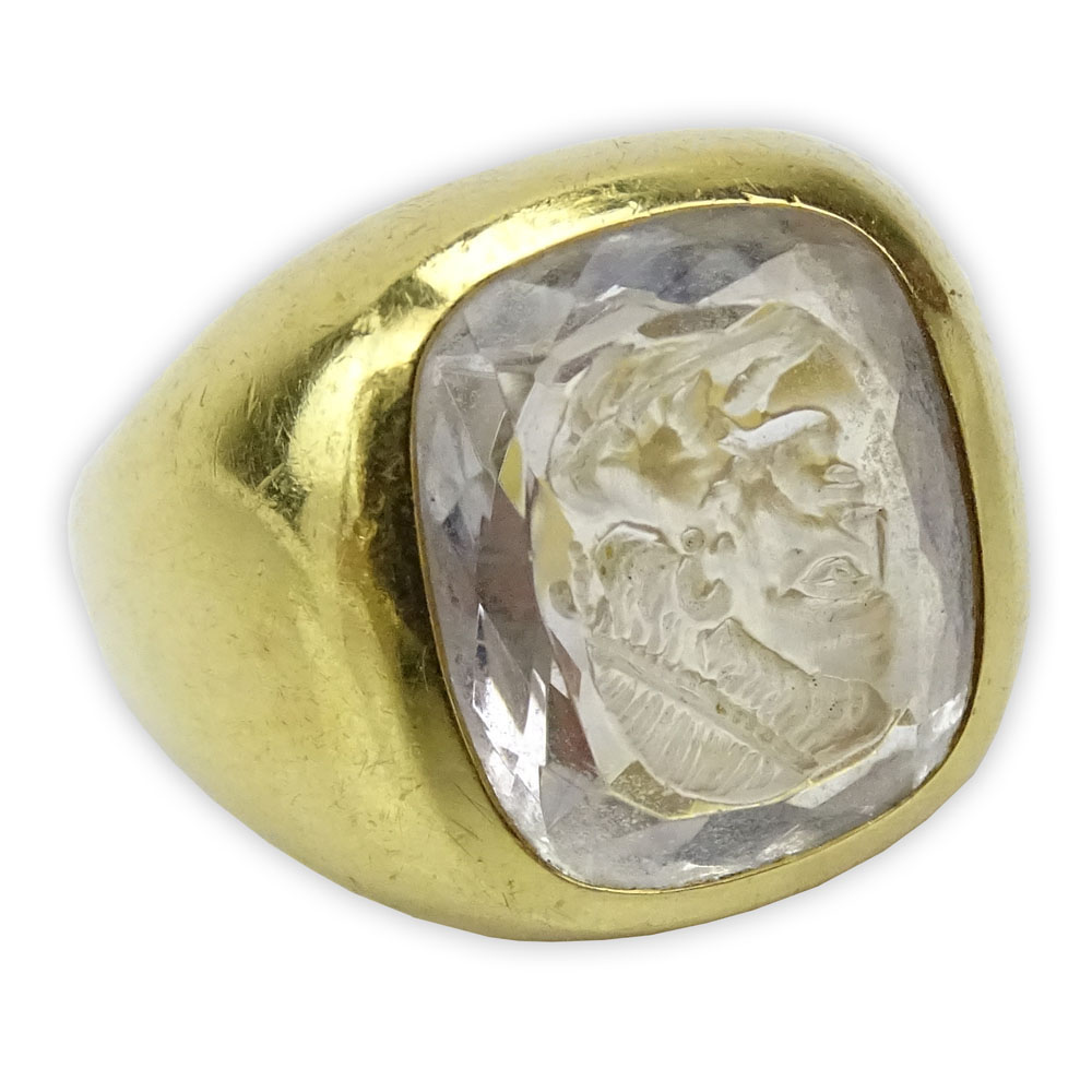 Man's Vintage Heavy 18 Karat Yellow Gold and Carved Rock Crystal Intaglio Ring