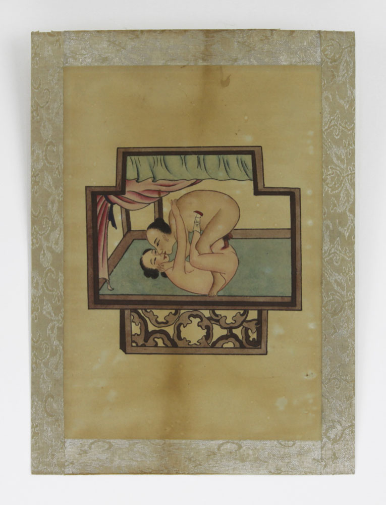 18/19th Century Chinese Erotic Watercolors On Silk. Fabric borders, laid down on paper