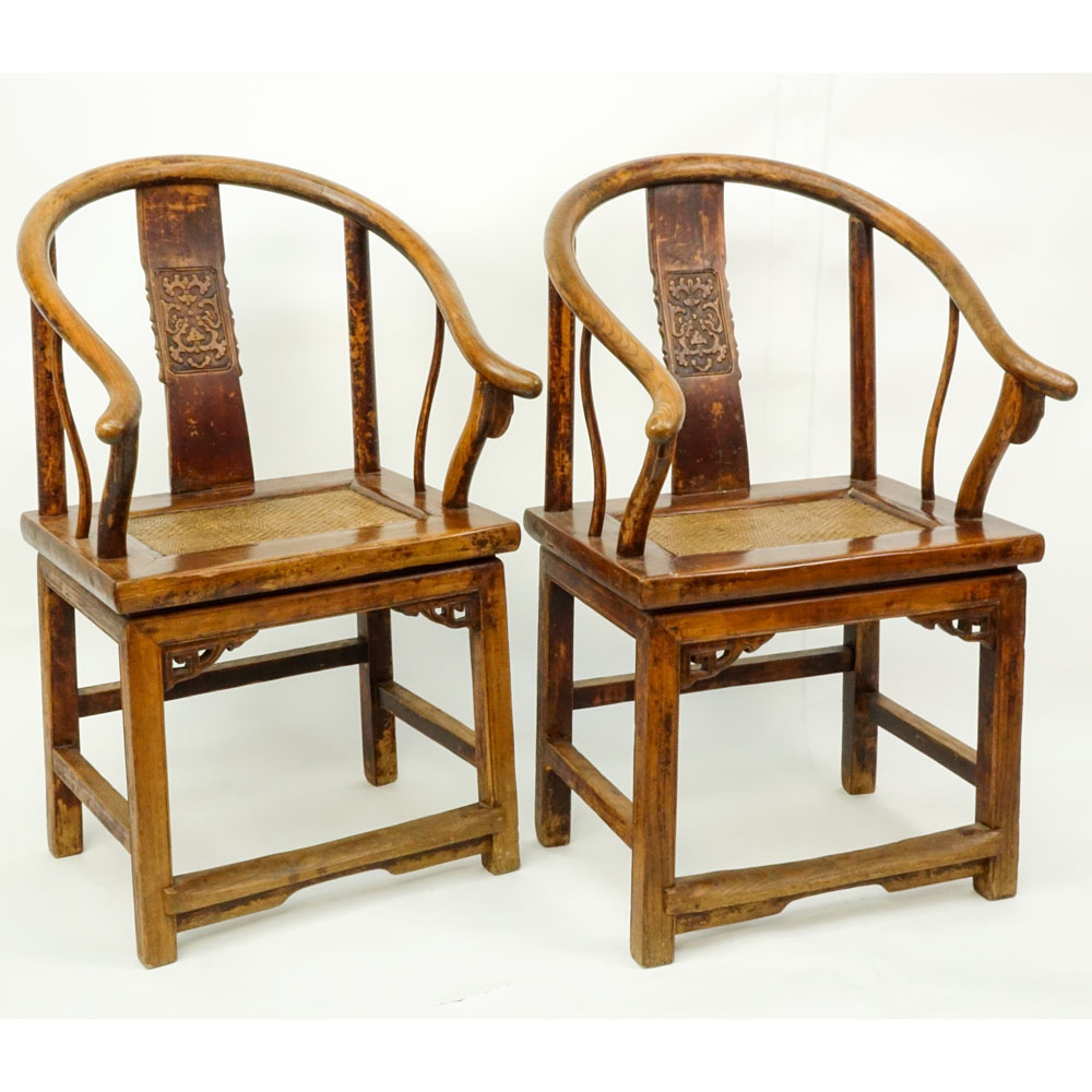 Pair 18th Century Or Earlier Chinese Carved Lacquered Elm Horseshoe Back/Quanyi Scholars Chairs With Woven Rattan Seats.