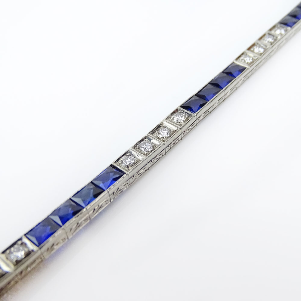 Art Deco French Cut Sapphire, Old European Cut Diamond and 18 Karat White Gold Bracelet. Sapphires with vivid saturation of color. 