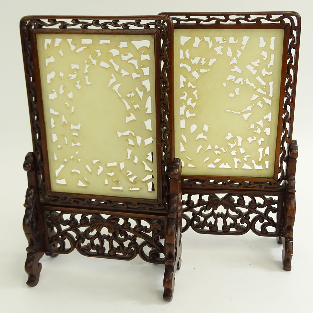 Pair of Vintage Chinese Carved Reticulated White Jade Table Screens in Hardwood Frames