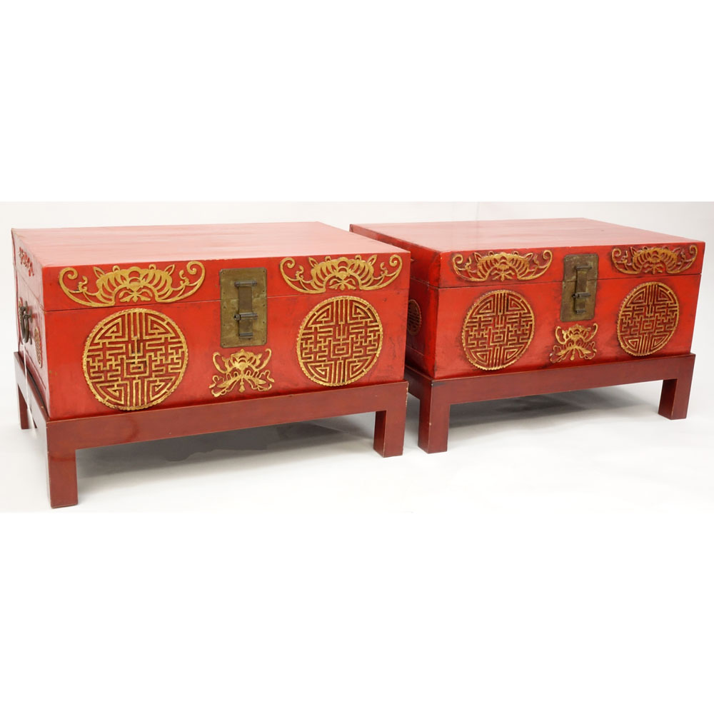 Pair of Chinese Red Lacquered Pigskin Storage Chests on Stand.