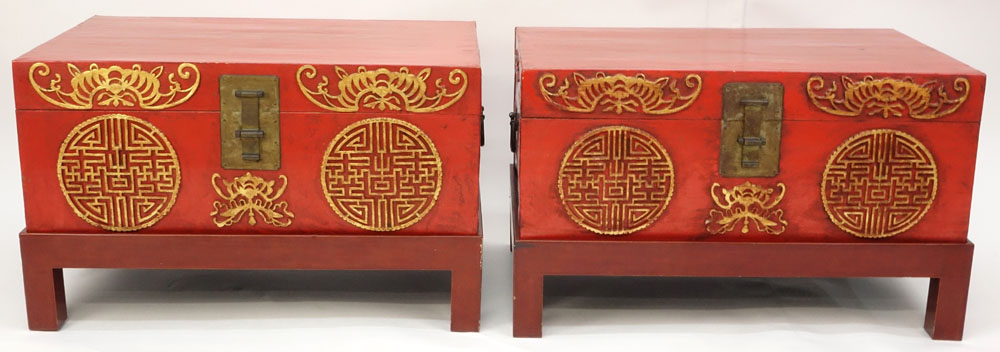 Pair of Chinese Red Lacquered Pigskin Storage Chests on Stand.