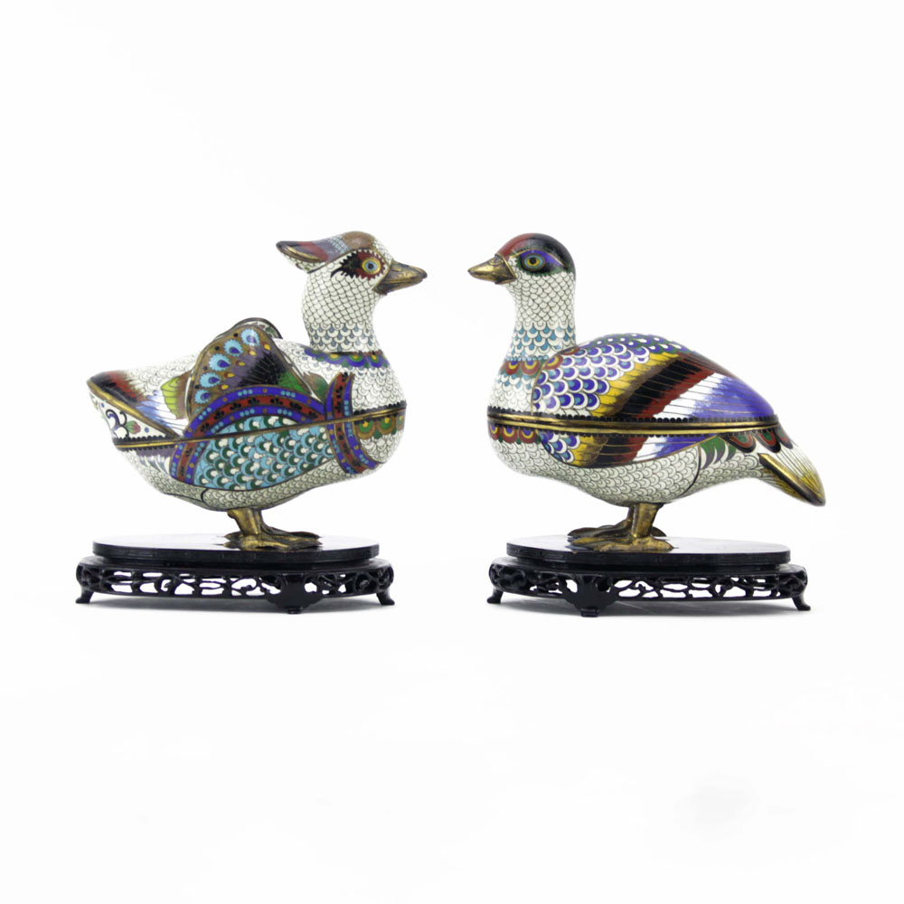 Mid Century Chinese Cloisonné Bird Form Covered Boxes on Wooden Stands