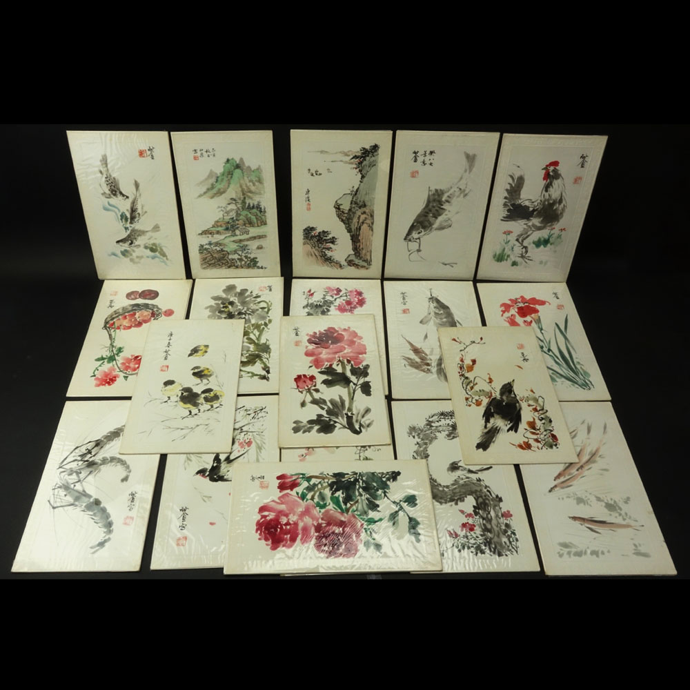 Collection of Nineteen (19) Vintage or Antique Chinese Brush Paintings on Fabric