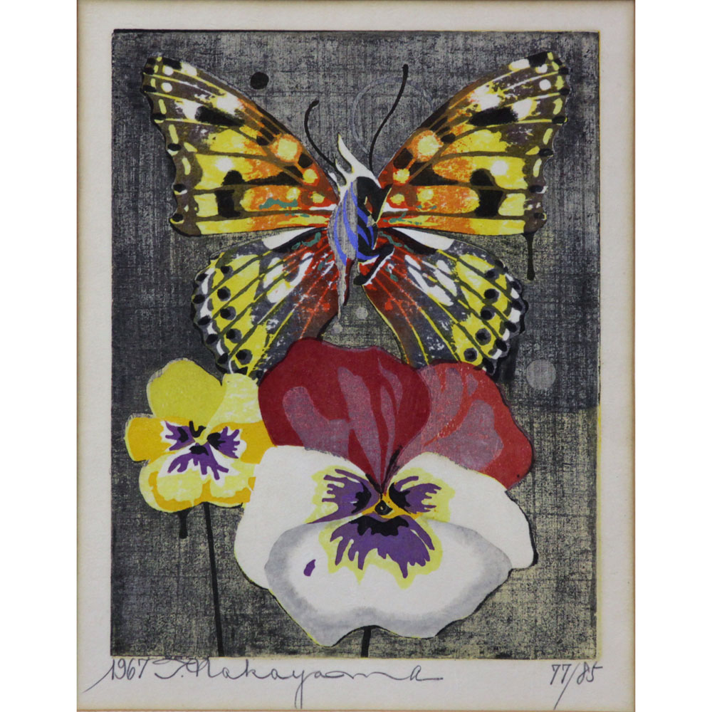 Tadashi Nakayama, Japanese (born 1927) Pencil Signed Color Woodblock Print, "Butterfly and Flowers, 1967" 
