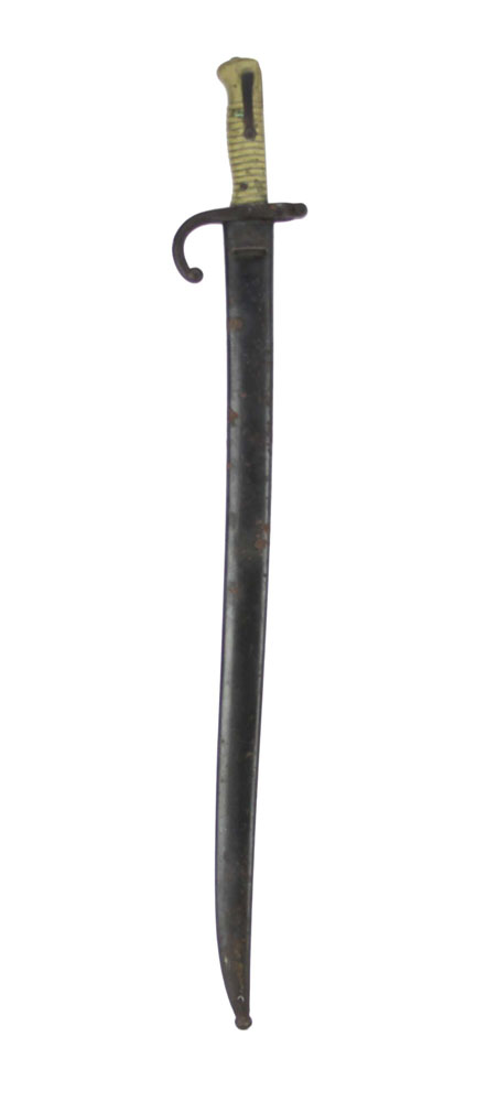 Antique French Military Bayonet. Serial number on scabbard and hilt. Inscribed "Mre d’Armes de Châtt Juin 1873" on the blade.