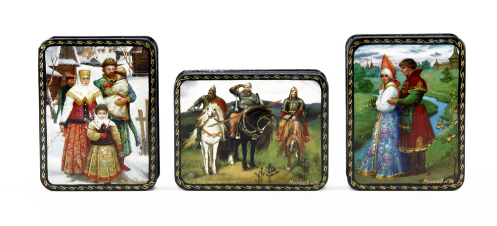 Collection of Seven (7) Russian Hand painted Lacquered Boxes.