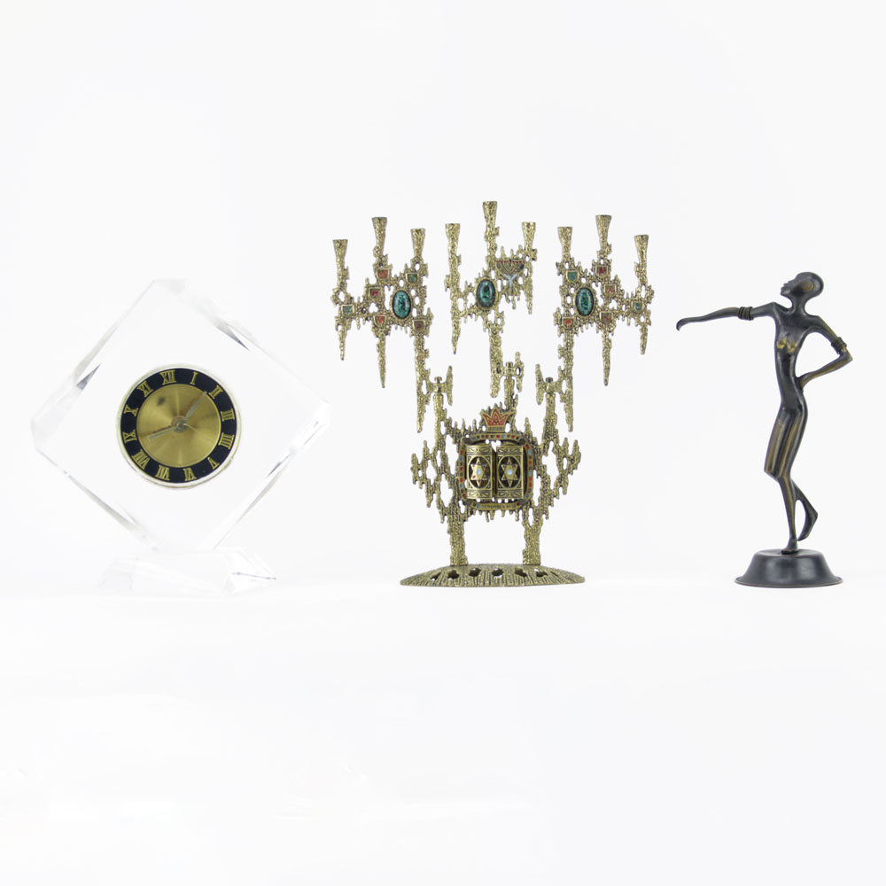 Grouping of Three (3) Judaic Items and Lucite Clock
