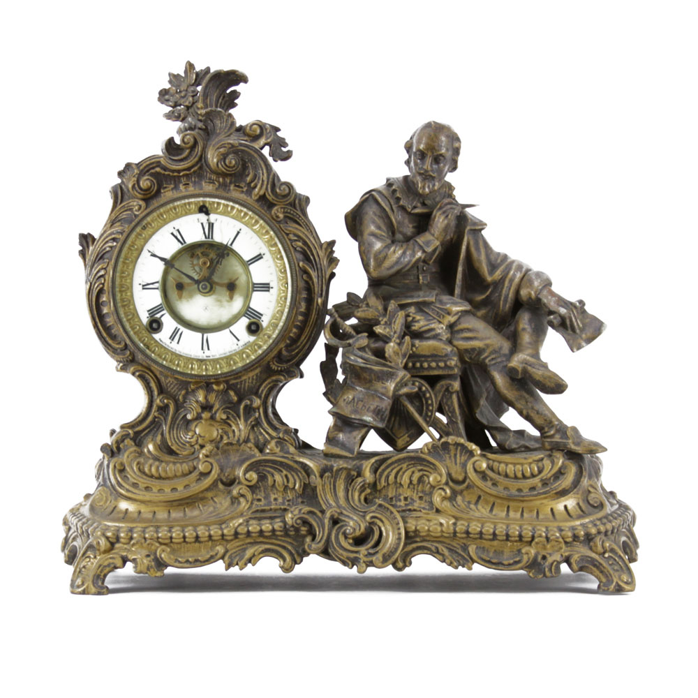 Antique Ansonia "Macbeth" White Metal Figural Mantel Clock. 