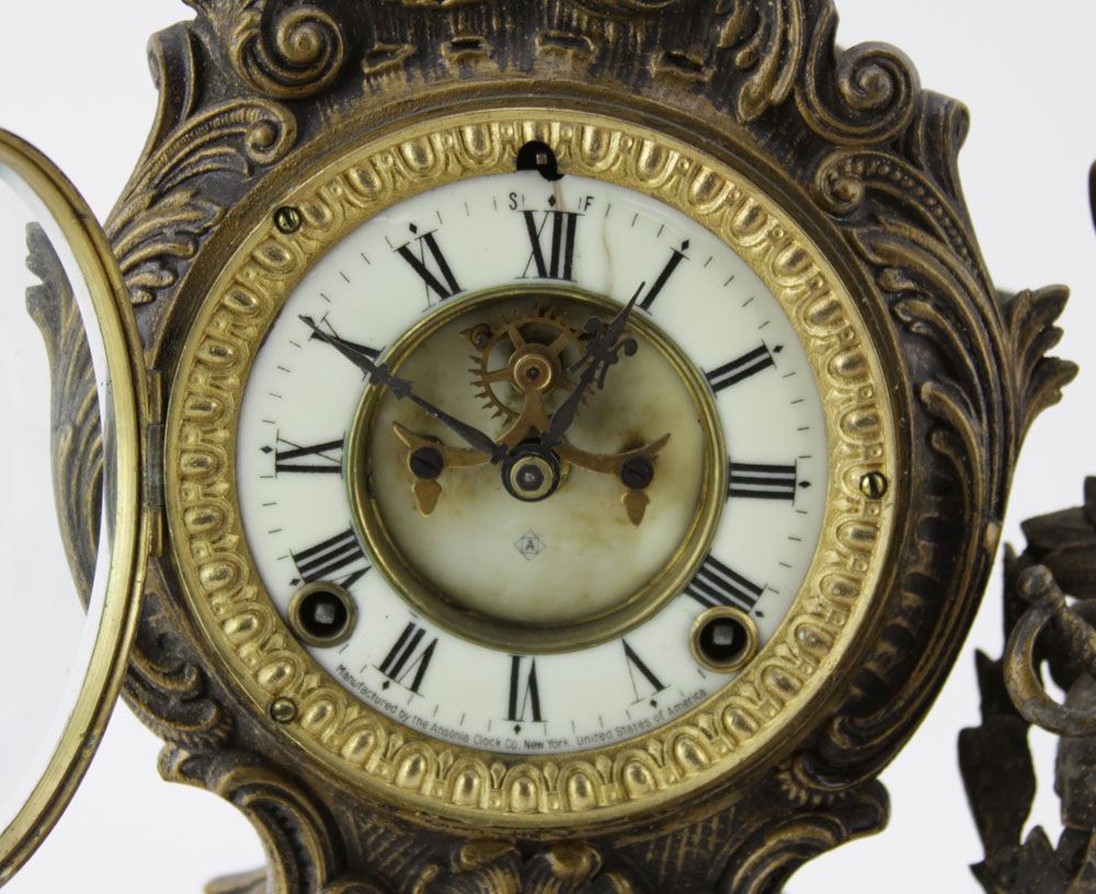 Antique Ansonia "Macbeth" White Metal Figural Mantel Clock. 