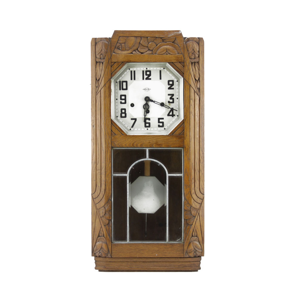 Antique Cirod Marque Deposee Art Deco Carved Wood Wall Clock.