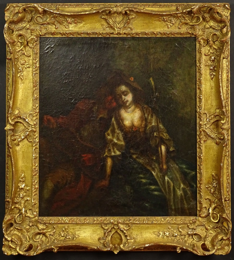 Antique Continental Oil Painting on Canvas "Romantic Couple" 