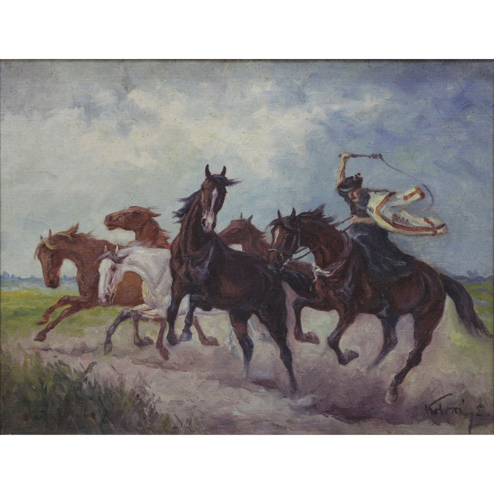 20th Century Hungarian Oil on Canvas Painting, "Wild Horses"  