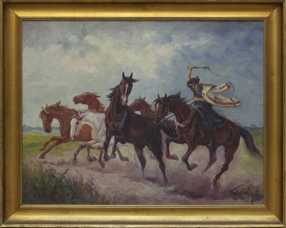 20th Century Hungarian Oil on Canvas Painting, "Wild Horses"  