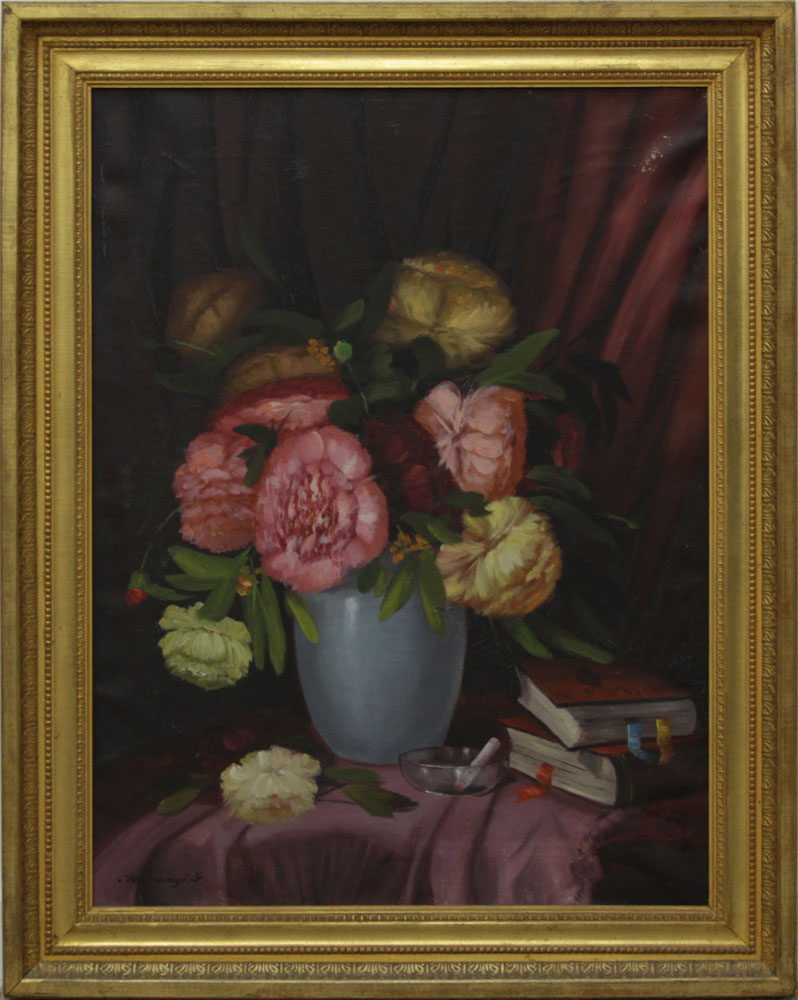 Romanian School Still Life Oil on Canvas Painting Signed Lower Left.