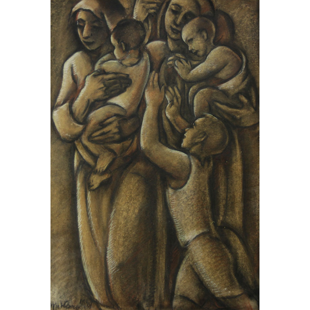 Mid Century Fine Charcoal and Pastel Drawing "Embrace" 