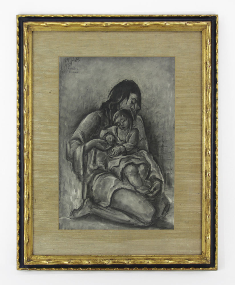 Mid Century Fine Charcoal Drawing "Mother and Child"