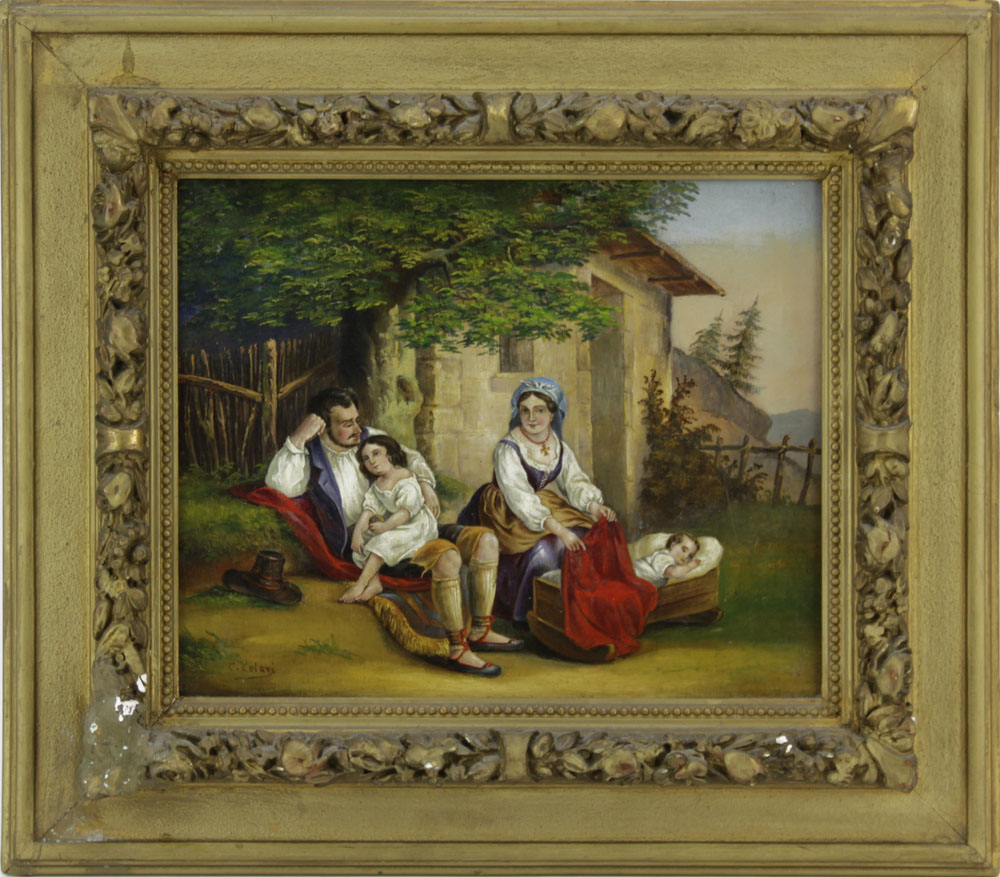 Antique Italian School Oil On Canvas "Country Family" 