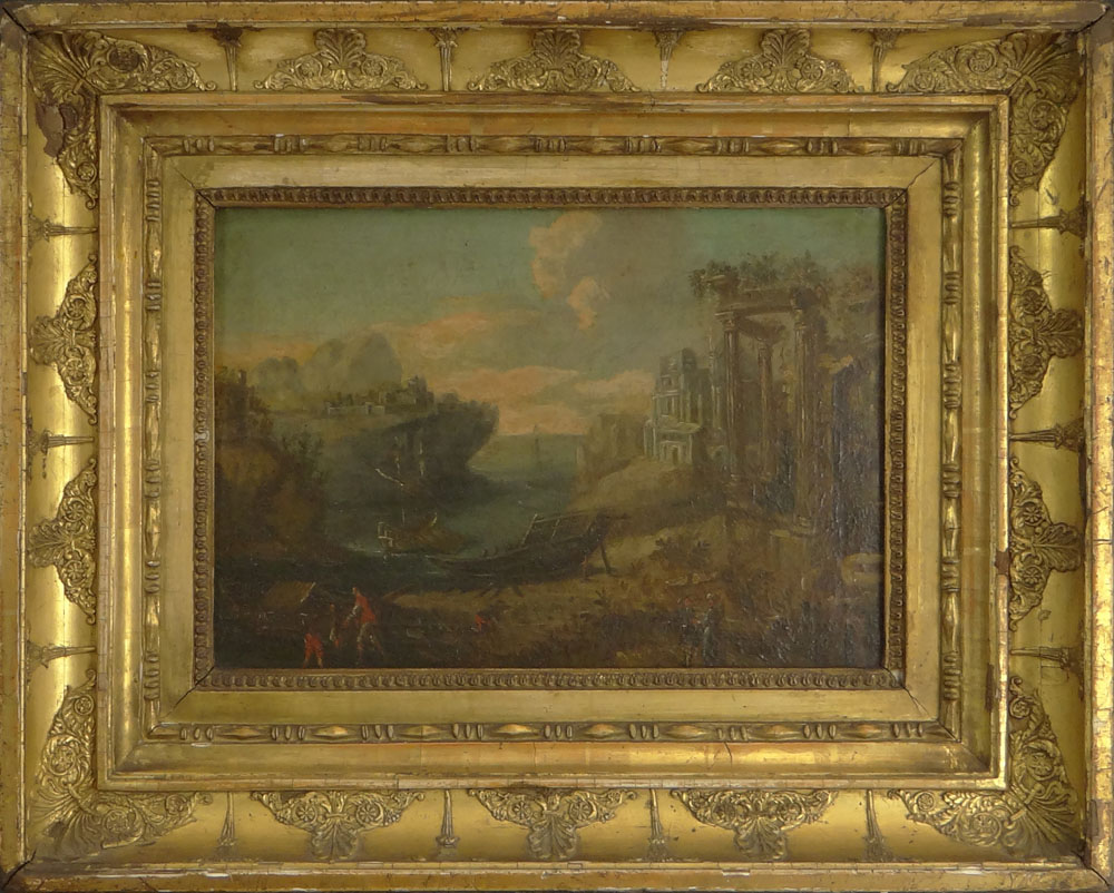 Old Master Oil on Canvas. Continental School Depicting Architecture, Boats and Figures. 
