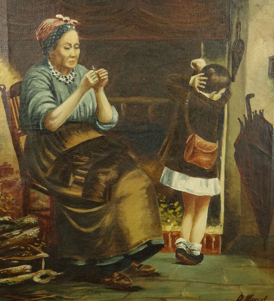 19th Century G.Wessel Oil on Canvas Painting of A Woman in a Rocking Chair with Child by a Fireplace