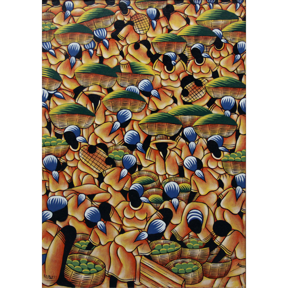 Colorful Haitian Oil On Canvas "Busy Marketplace" 
