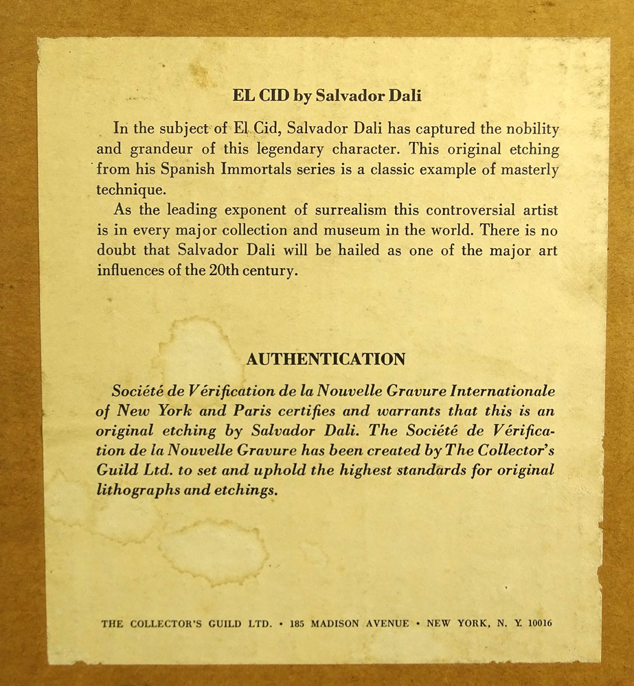Vintage Salvador Dali Etching "El Cid"