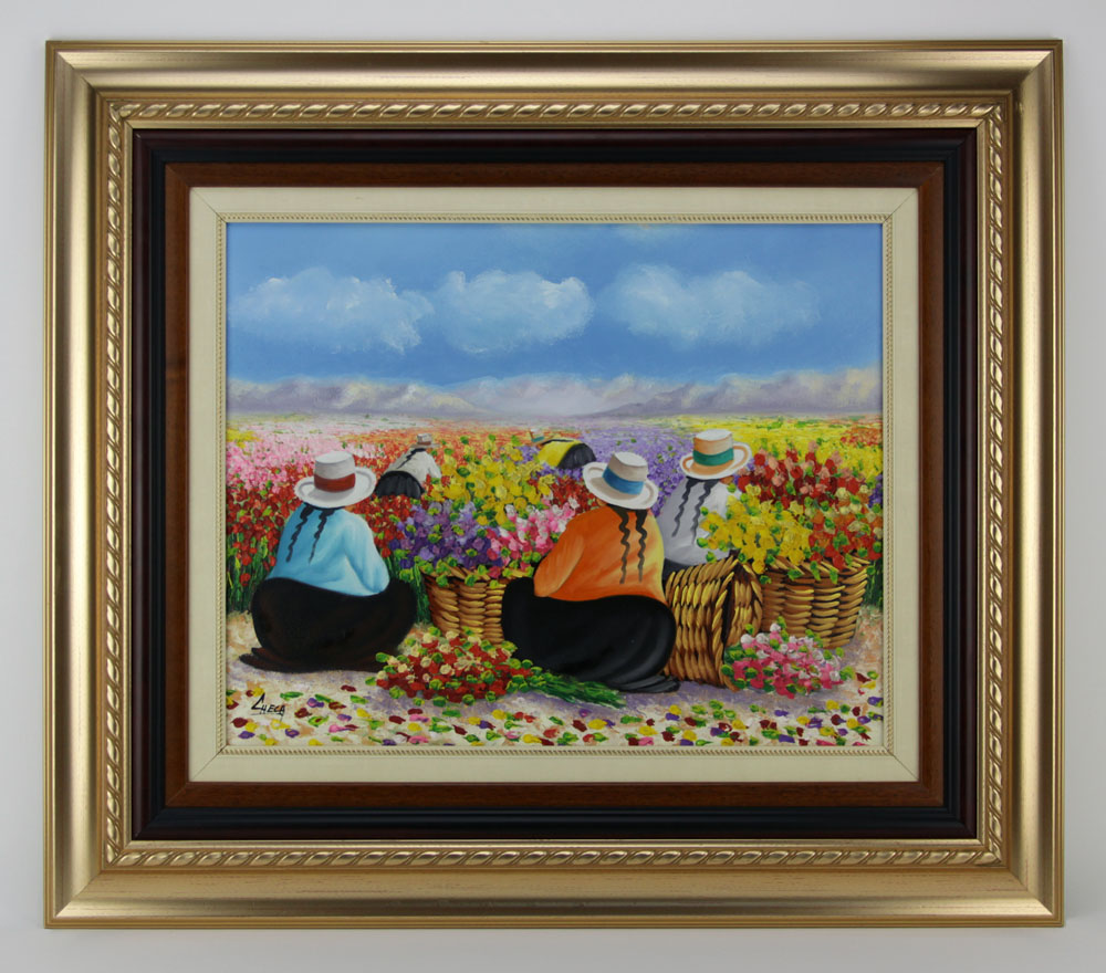 Jose S. Checa, Peruvian (20th C) Oil Painting "Cosechando Flores" 