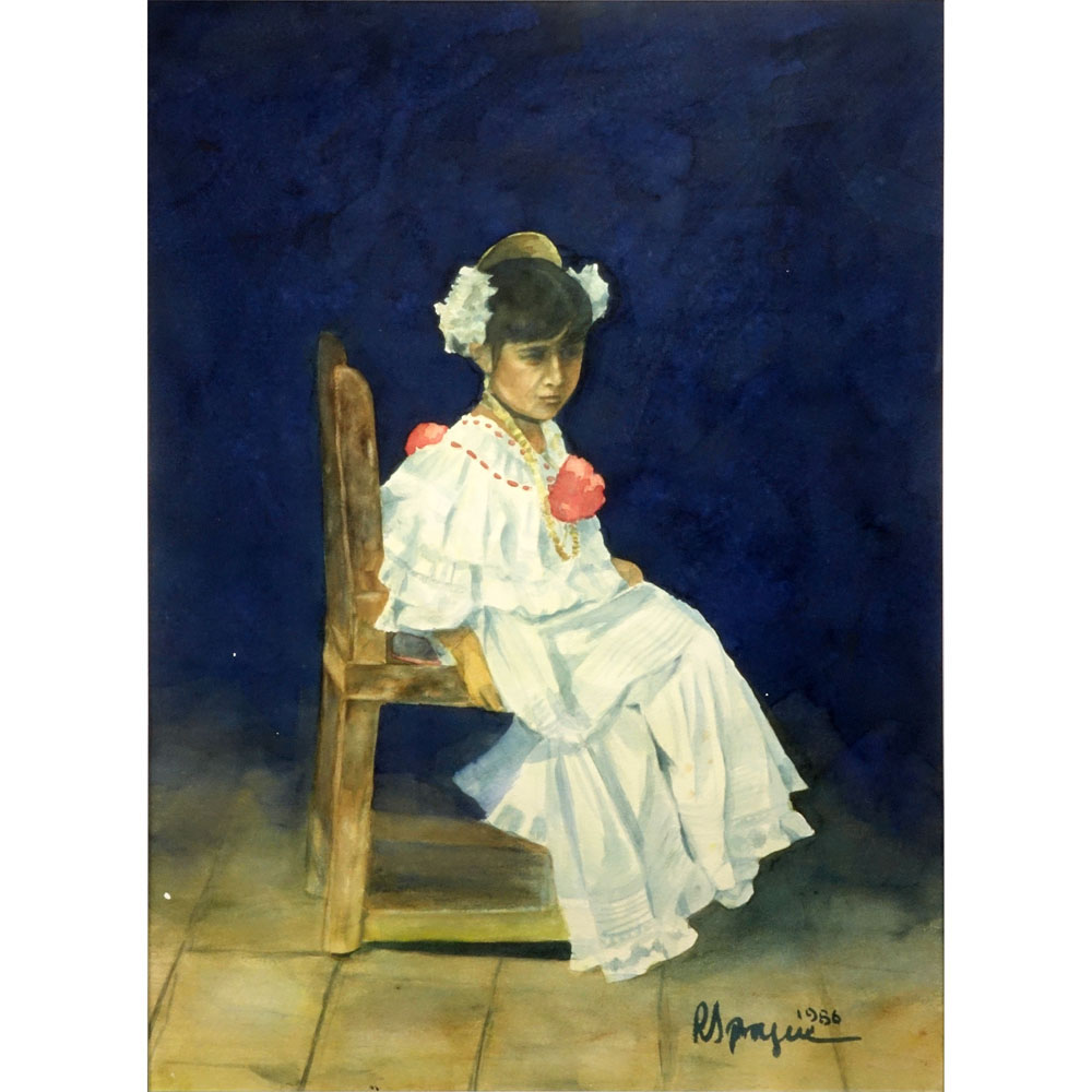Peruvian Watercolor "Posing Seated Young Girl" 