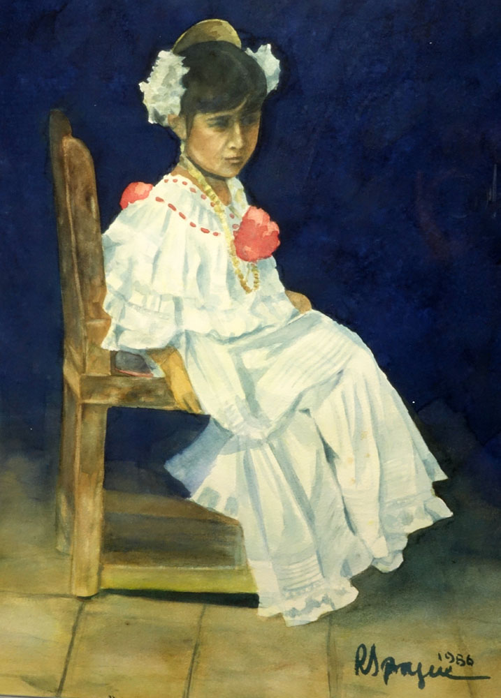 Peruvian Watercolor "Posing Seated Young Girl" 