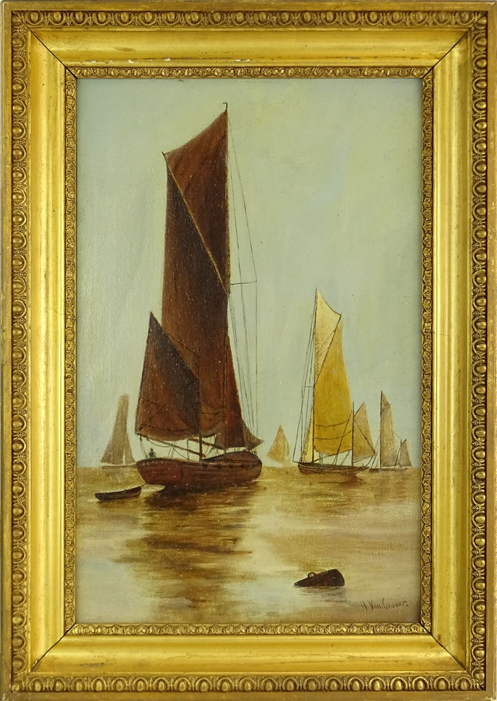Antique Dutch School Oil on Canvas "Sailboats" 