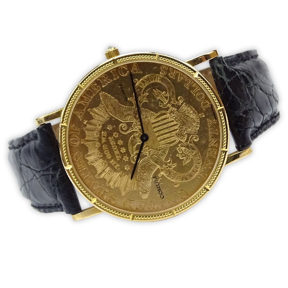 Man's Vintage Corum 1892 American Eagle $20 Gold Coin Quartz Movement Watch with Crocodile Strap.