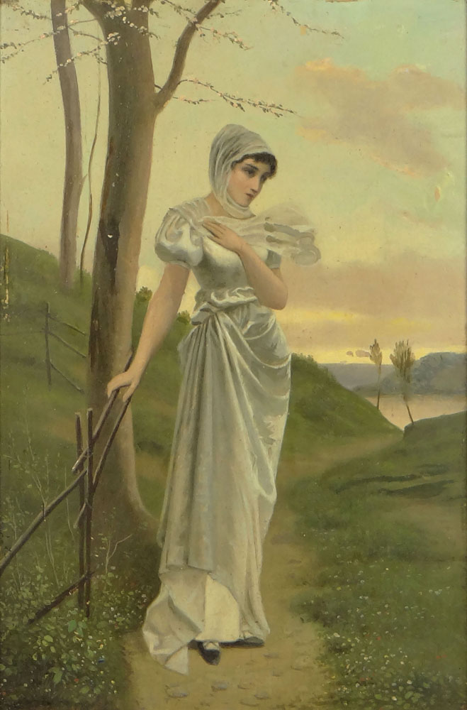 Early 20th Century Oil on Panel "Lady in White Dress" 