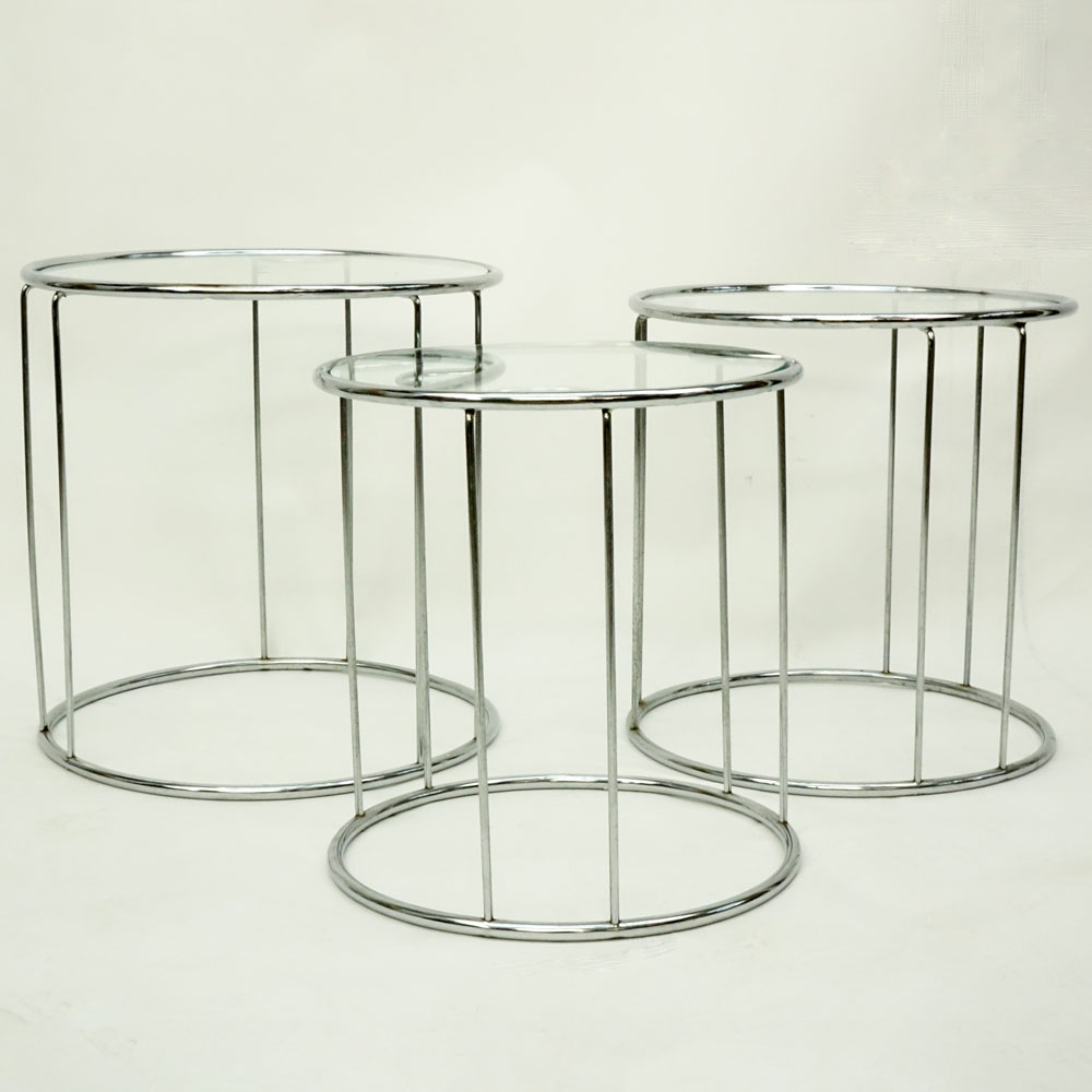 Attributed to: Milo Baughman, American (1923-2003) Set of Three (3) Chrome and Glass Nesting Tables