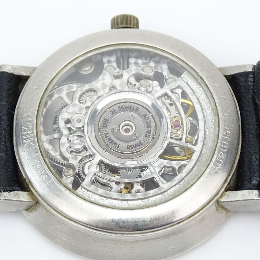 Man's Vintage German Kubik Platinum Automatic Skeleton Watch with Leather Strap