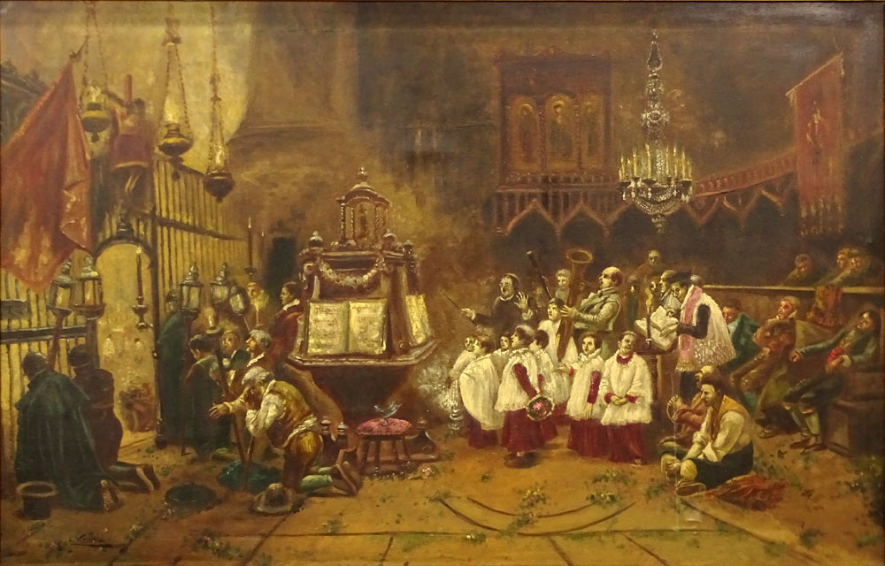 19th Century Italian School Oil on Canvas "Church Interior" 