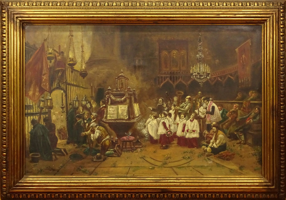 19th Century Italian School Oil on Canvas "Church Interior" 