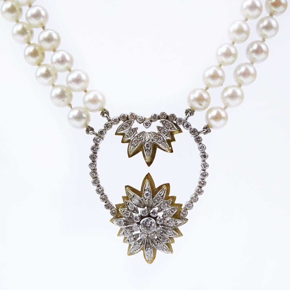 Vintage Two (2) Strand White Pearl Necklace Incorporating an Antique Old European Cut Diamond and 14 Karat Yellow and White Gold Pendant
