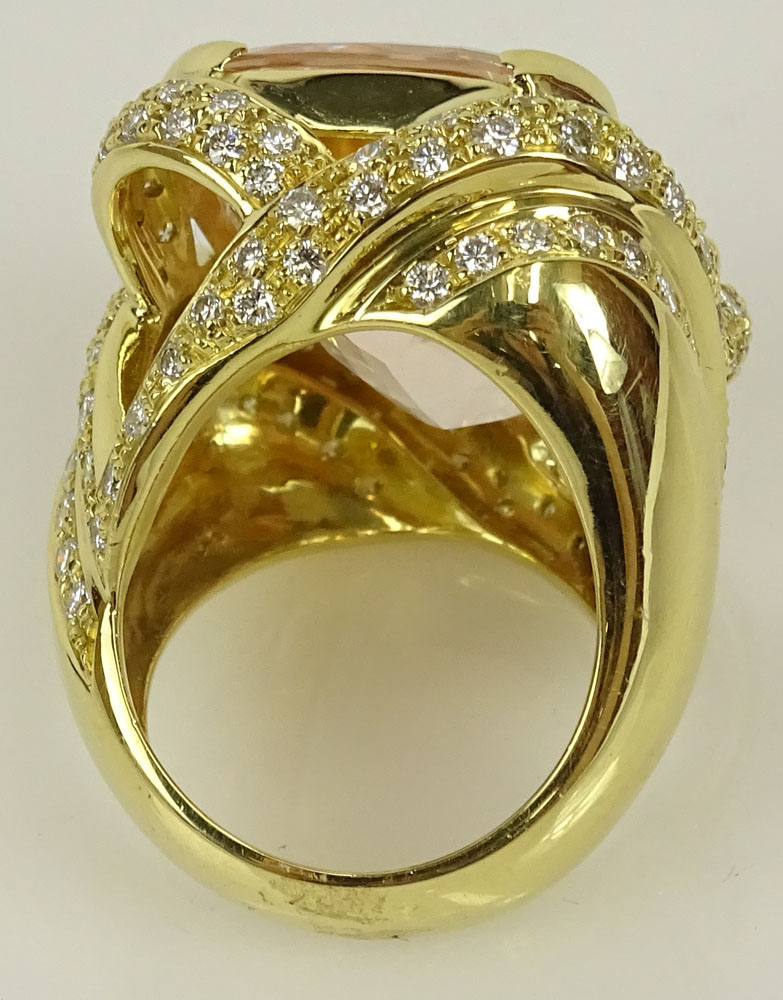 Lady's approx. 30.0 Carat Gem Quality Cushion Cut Kunzite, 2.50 Carat Round Cut Diamond and 18 Karat Yellow Gold Ring